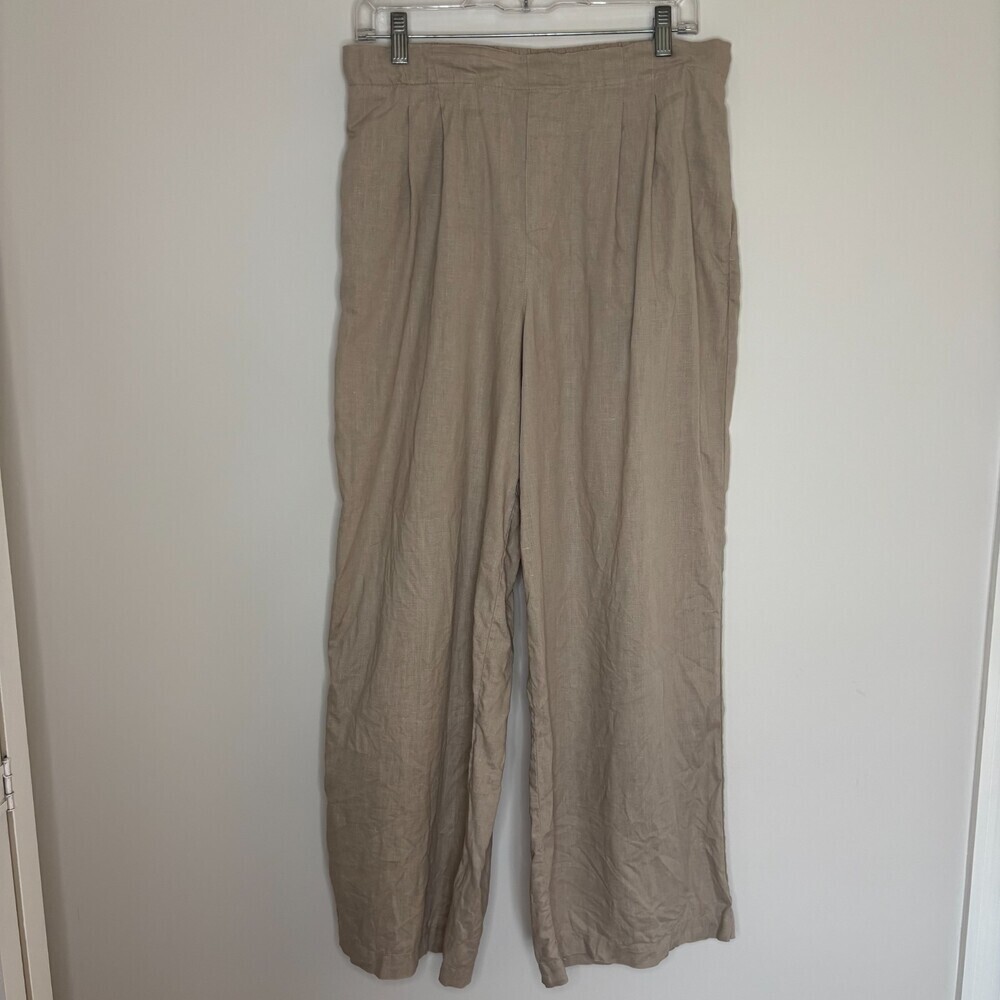 PACIBE Pull On 100% Linen Pants Womens L Wide-Leg Tan Pleats Pockets Lightweight - Picture 4 of 9